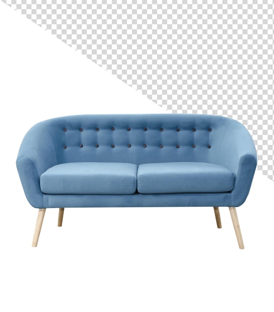 a blue couch with a wooden legs sits on a white background