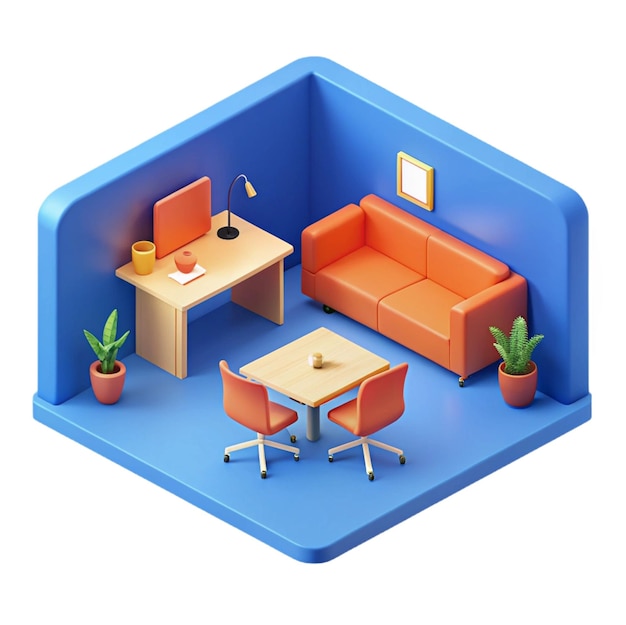 a blue cube with a couch and a table with a plant on it