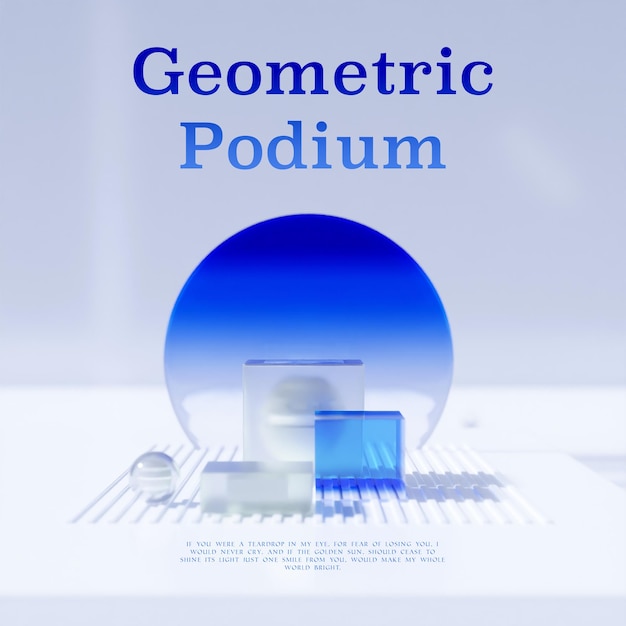 A blue cube with the words " geometric podium " on it