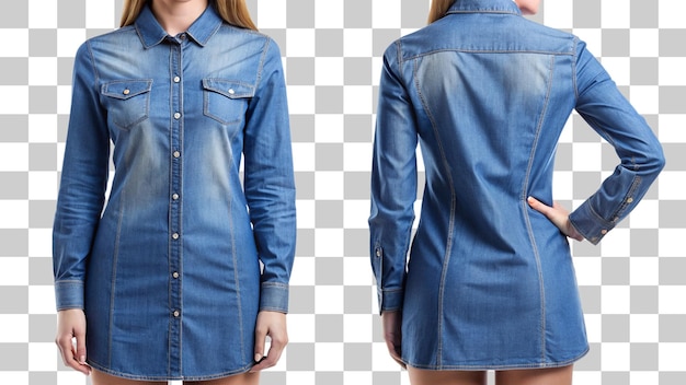 PSD blue denim dress shirt for women front and back views isolated on transparent background