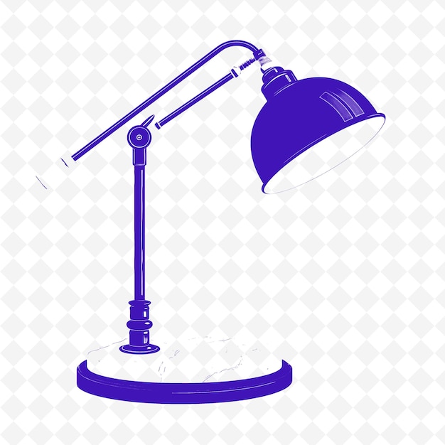 a blue desk lamp with a purple base and a white background