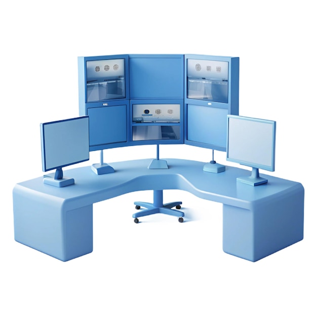 a blue desk with three monitors on it