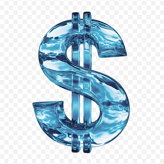 a blue dollar sign with water drops on a transparent background