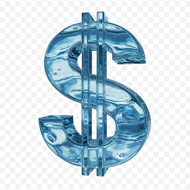 a blue dollar sign with water drops on a transparent background