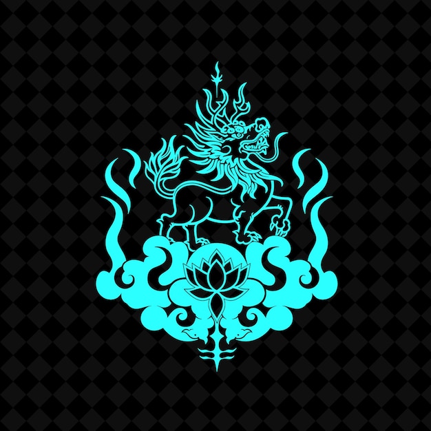 a blue dragon on a blue background with a symbol of god on it