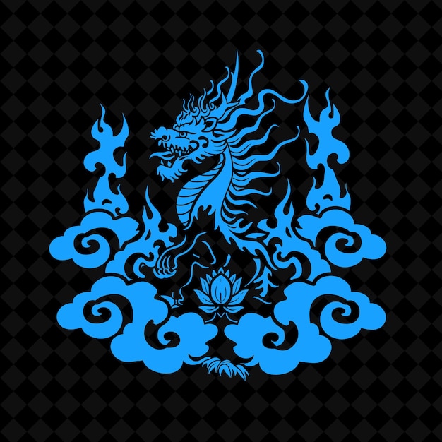 a blue dragon with a blue background with a gold flower on it