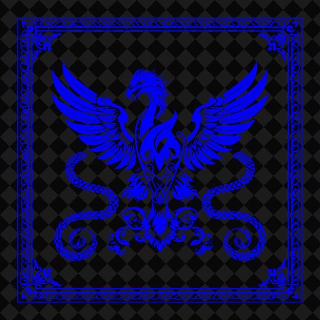 a blue eagle with a gold frame on a black background