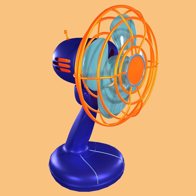 A blue fan with a orange circle on the bottom.