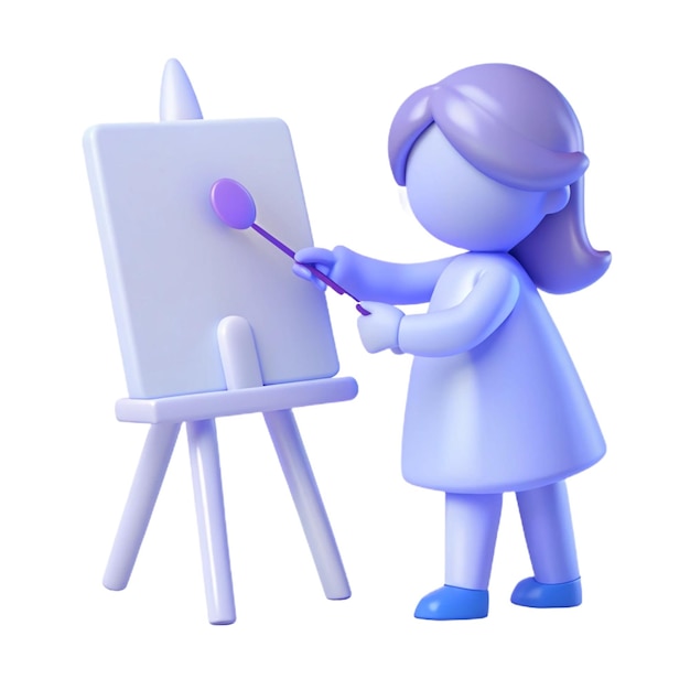 PSD a blue figure with a pink brush in front of a white board with a purple paint brush