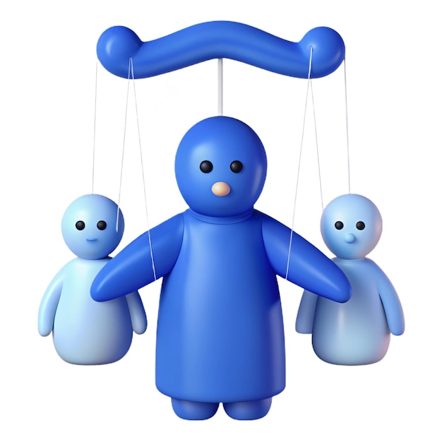 PSD a blue figure with three small blue figures hanging from a string with one being held up by two othe