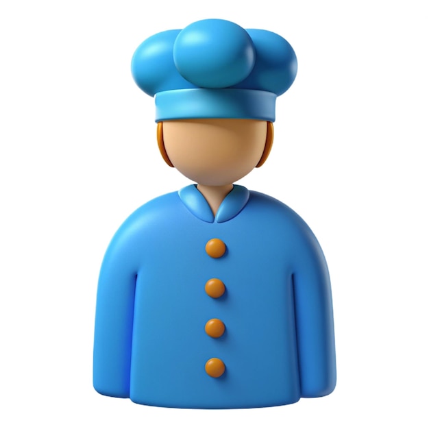 a blue figurine of a cook with a blue hat and a blue uniform with gold buttons