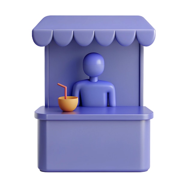 a blue figurine of a man sitting in a booth with a cup and a bowl of juice