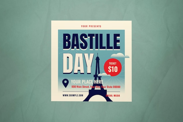 PSD blue flat design bastille day celebration instagram post