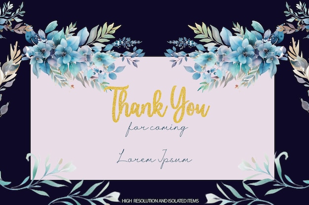 A blue floral card with the words thank you fanwing on it.