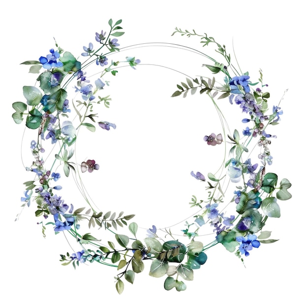 Blue flowers and green leaves wreath isolated on white background Frame AIG56