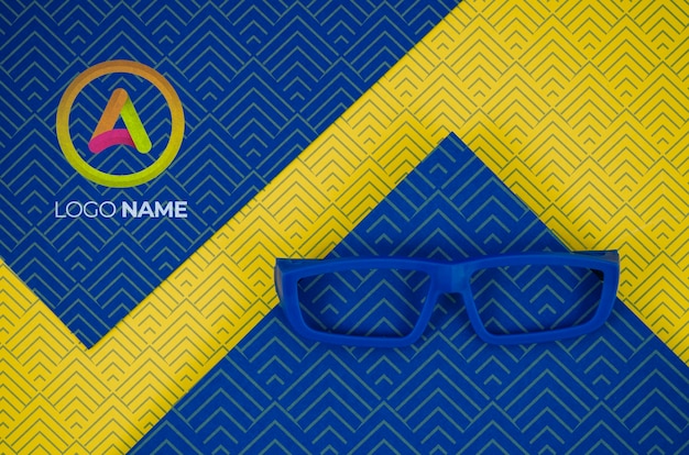 Blue frame lens with company logo names