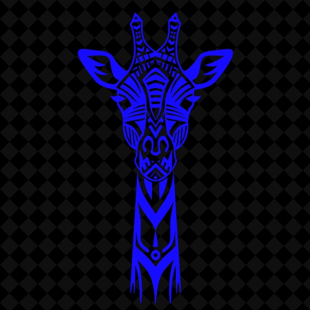 a blue giraffe head with a pattern of horns on a black background