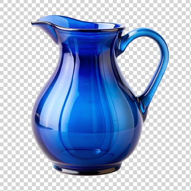 A blue glass pitcher with a handle and a blue lid on top on transparent background