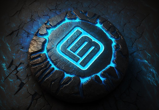 Blue glowing logo carved on a dark pedestal stone Mockup