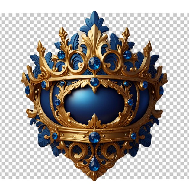 PSD blue and gold crown in ornate frame on white background