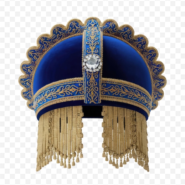 a blue and gold crown with a clock on it