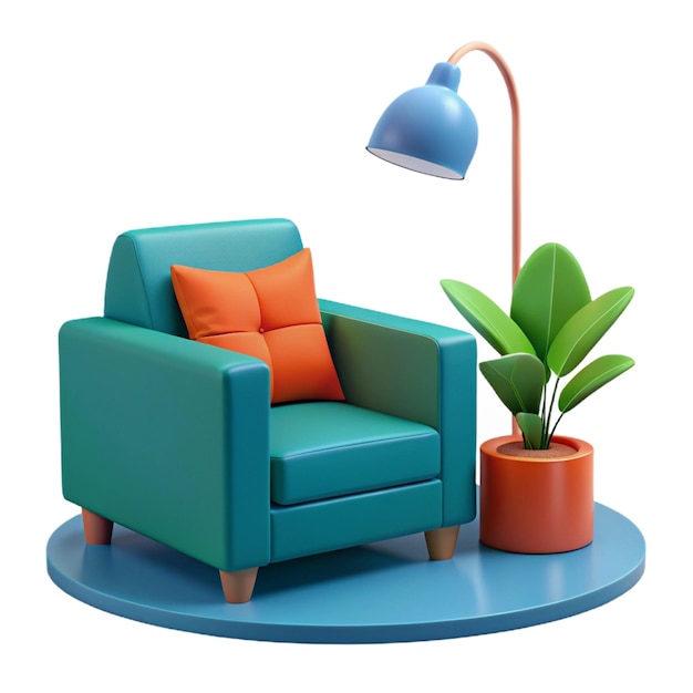 a blue and green chair with a plant on it