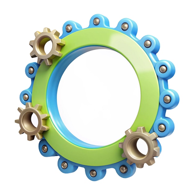 a blue and green circular mirror with gears and gears on it