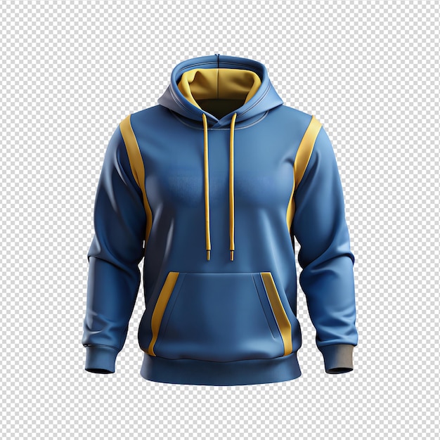 a blue hooded jacket with a yellow stripe on the front