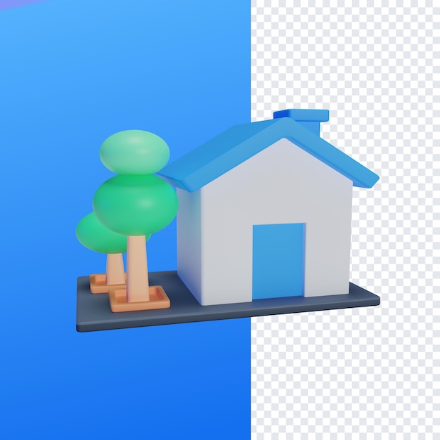 A blue house next to a tree on a blue and white background