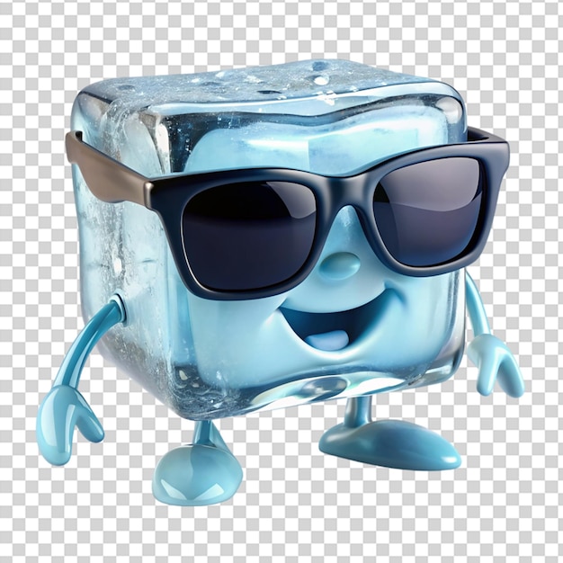 PSD a blue ice cube wearing sunglasses on transparent background