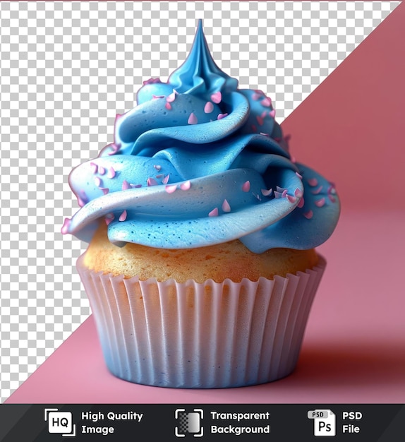 Blue icing fantasy cupcake with blue top pink sprinkles against pink wall with dark shadow