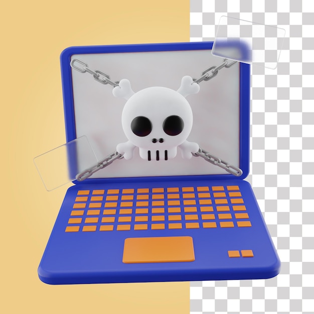 A blue laptop with a skull on the front and a chain around it.