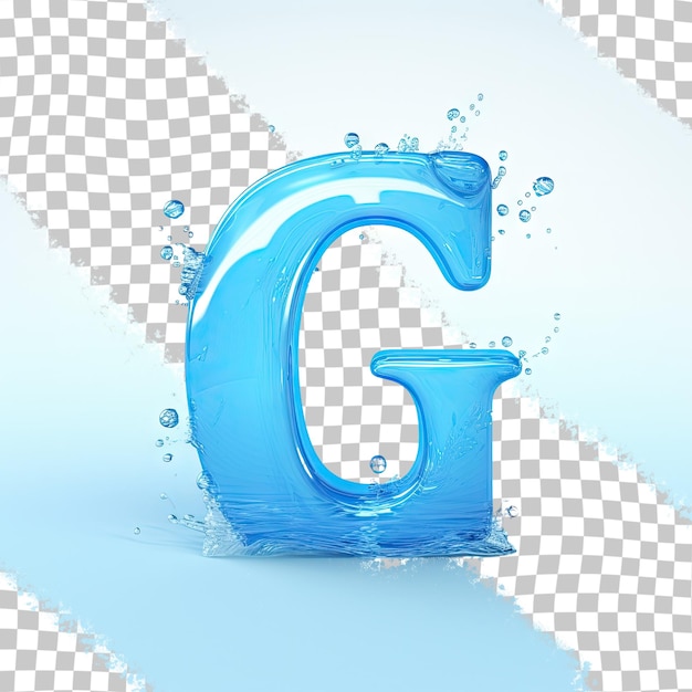 a blue letter g is sprayed with water on a checkered background.