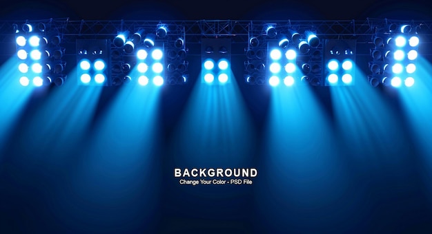 A blue light illuminates the stage with three rows of stadium lights on both sides product display