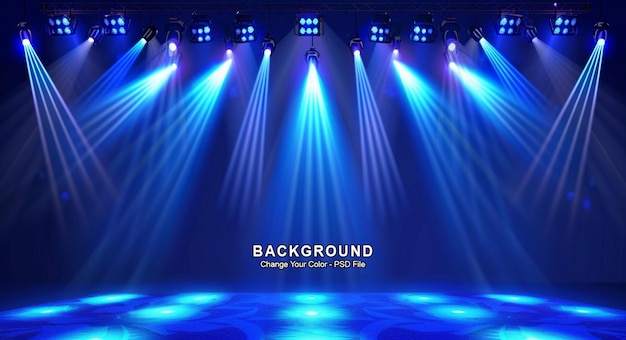 A blue light illuminates the stage with three rows of stadium lights on both sides product display