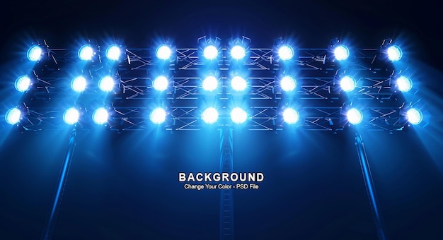 A blue light illuminates the stage with three rows of stadium lights on both sides product display