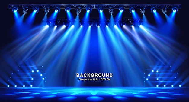 A blue light illuminates the stage with three rows of stadium lights on both sides product display