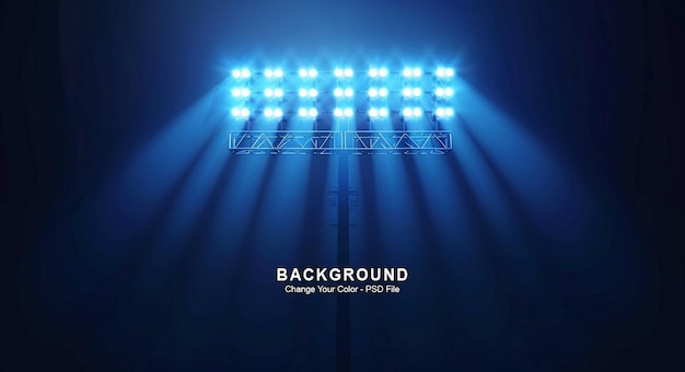 A blue light illuminates the stage with three rows of stadium lights on both sides product display