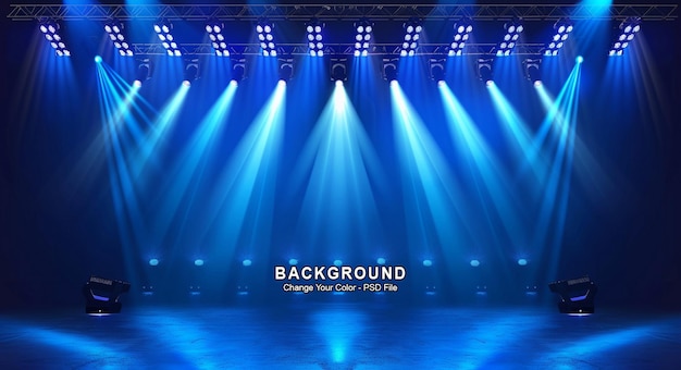 A blue light illuminates the stage with three rows of stadium lights on both sides product display