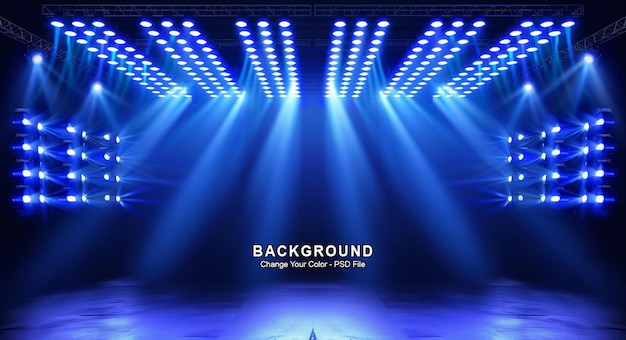 A blue light illuminates the stage with three rows of stadium lights on both sides product display