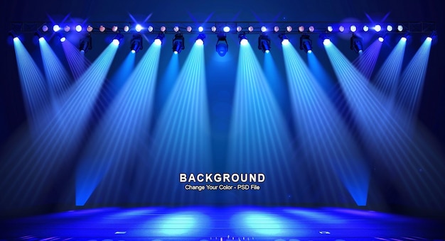 A blue light illuminates the stage with three rows of stadium lights on both sides product display