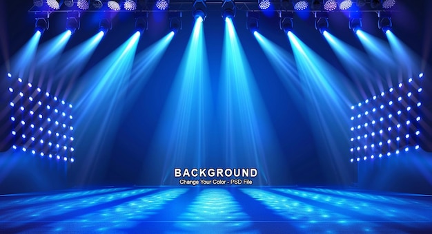 A blue light illuminates the stage with three rows of stadium lights on both sides product display