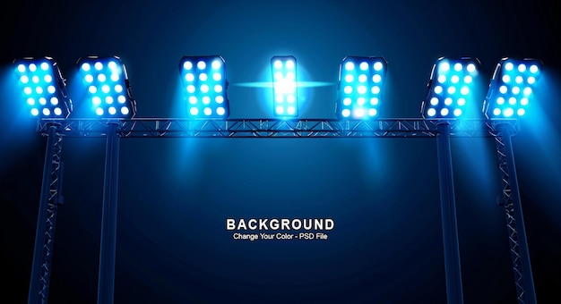 A blue light illuminates the stage with three rows of stadium lights on both sides product display