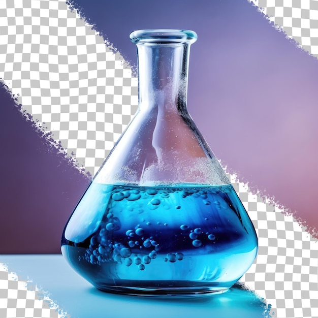 Blue liquid in Florence flask on a transparent background in lab