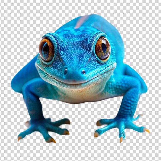 A blue lizard with big eyes and a long tongue on transparent background