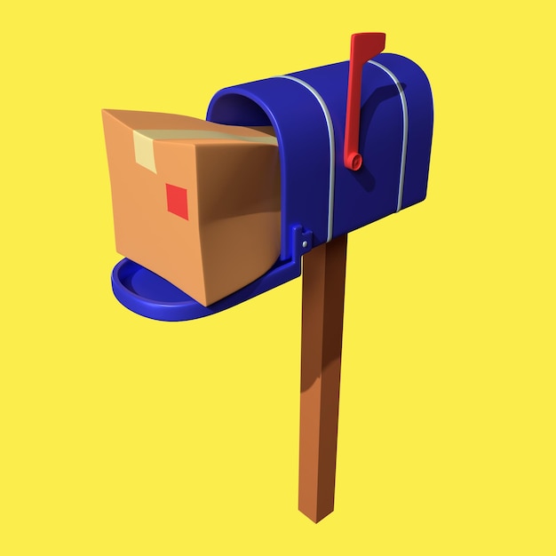 PSD a blue mailbox with a cardboard box inside it.