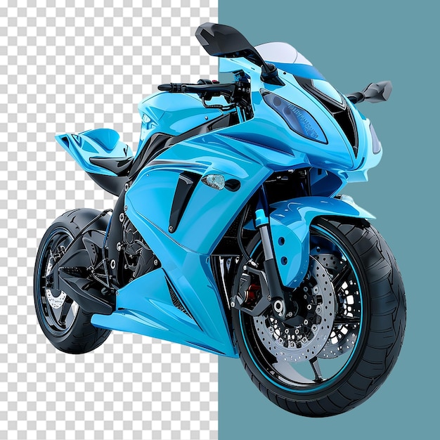 a blue motorcycle is upside down and the front wheel is off