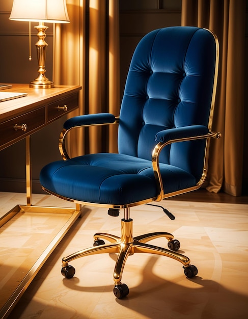 PSD a blue office chair with gold trim sits in a room with a desk and a mirror