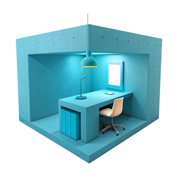 a blue office with a desk and chair in the corner