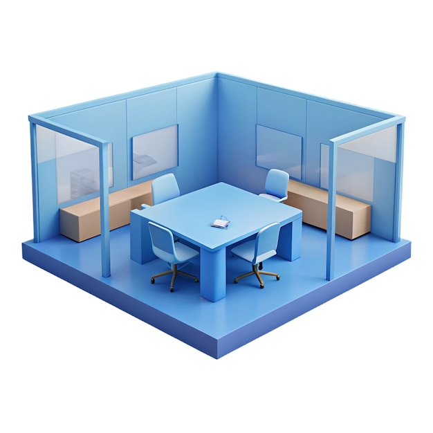 a blue office with a table and chairs in the middle